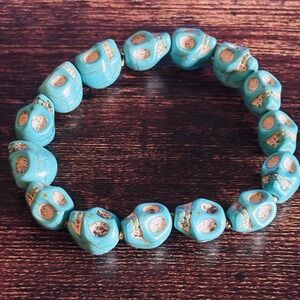 Turquoise Howlite Skull Bead Stretch Bracelet Gothic Boho‎ Blue Skull Jewelry